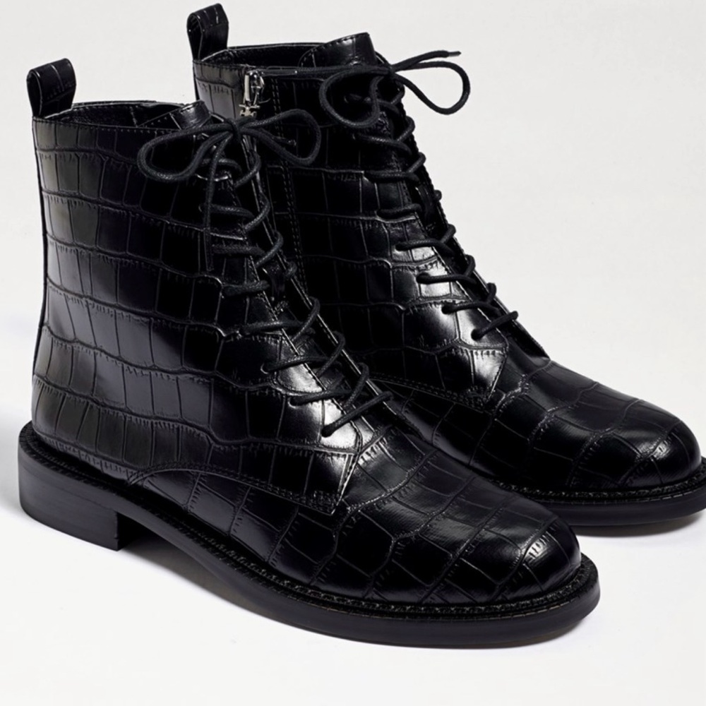 Nina Black Croc-Pattern Combat Boots